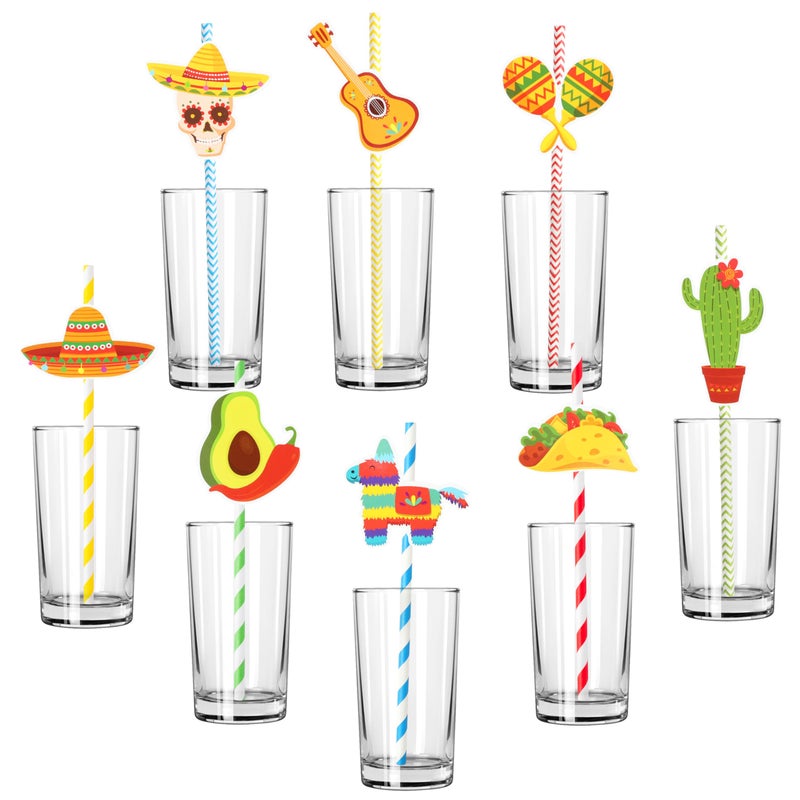 WATINC 80pcs Fiesta Paper Straws, Rainbow Color Striped Drinking Straws for Mexican Theme Party Decoration, Cinco De Mayo Fiesta Party Supplies, Paper Straws Decor for Summer Tropical Birthday Party - Image 1